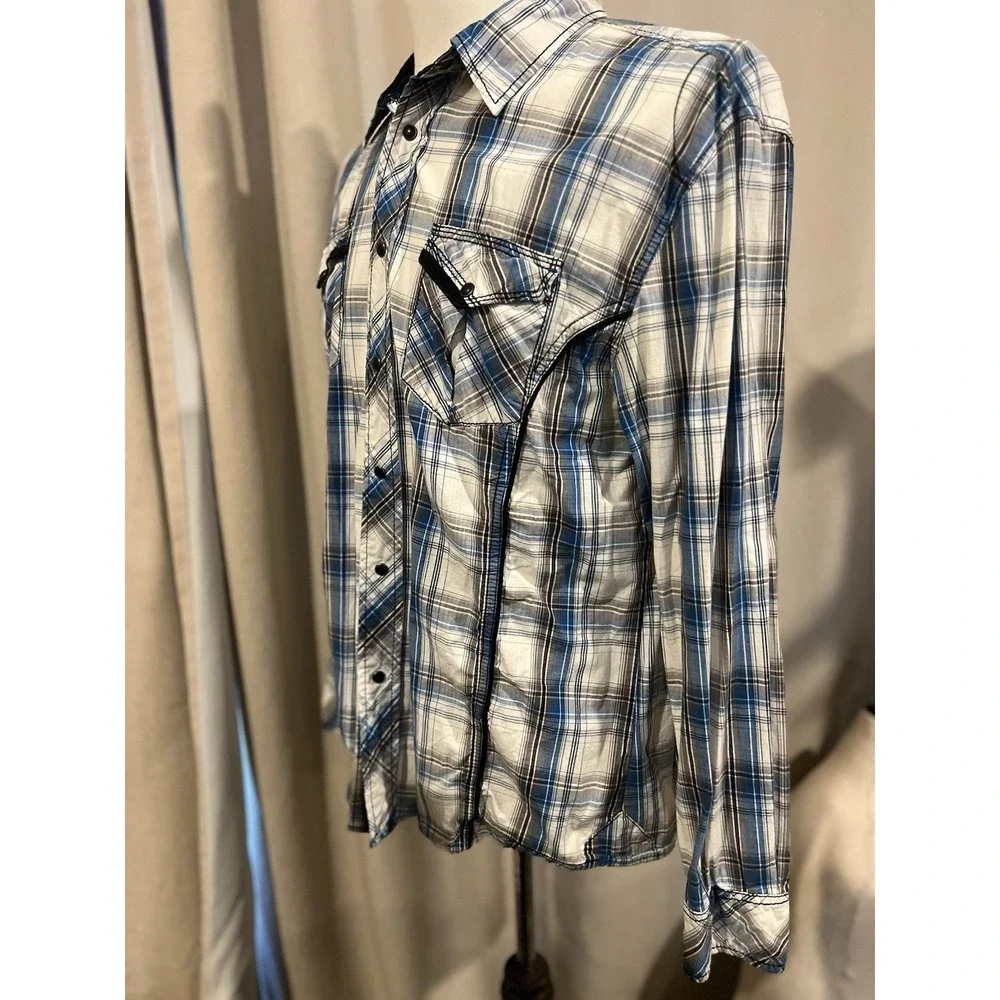 Bke Men's Pearl Snap Western‎ Style Shirt Blue Black And White Large